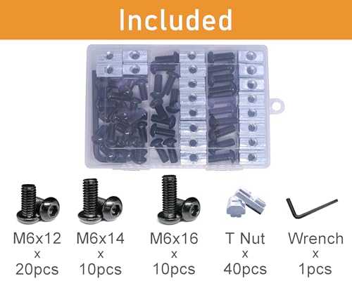 80 pcs M6 T Nut and Screws Kit, 40pcs M6 x 12/14/16mm Stainless Steel Head Socket Cap Screws, 40pcs Sliding T Nut and 1pcs Hex Wrench, for 1010 Aluminum Extrusion Hardware (Black) - color: Black, size: 80pcs 1010 Series M6 Screws Kit