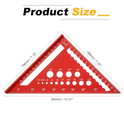 HARFINGTON Metal Square Ruler 7" Aluminum Alloy Carpenter Square Metric Woodworking Rafter Square Precision Scribing Tools with Rafter Conversion Table for Measuring and Marking, Red - color: Red, style: Metric