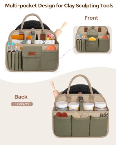 Pottery Tool Organizer Bag, Art Supply Studio Bag, Clay Tool Storage Caddy - color: Khaki+Green