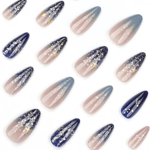 Ombre Press On Nails medium, Almond Fake Nails Featuring a Nude-to-Blue Gradient and accented with golden glitte, Glossy Finish Acrylic Nails, Reusable Glue On Nails for Women - color: 42-Golden Tide
