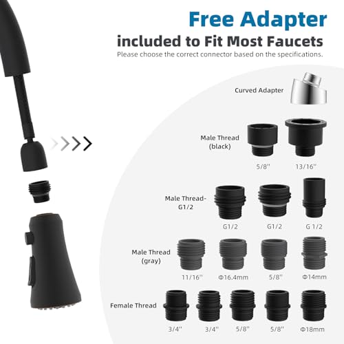 Hibbent Pull Down Kitchen Faucet Head Replacement with 15 Adapters - color: Oil Rubbed Bronze, style: Stay on sprayer without hold button
