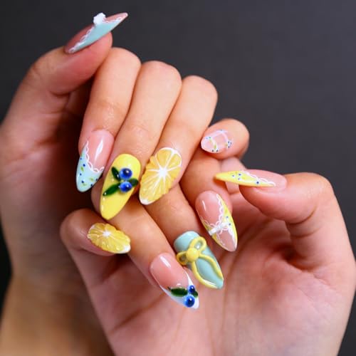 MAGLFELL Press On Nails, 10 Pcs Handmade French Almond Fake Nails, Reusable Artificial Cute Fruit Pattern False Nails for Women 3D Acrylic Nails Kit (Size L) - color: Blueberry, size: L
