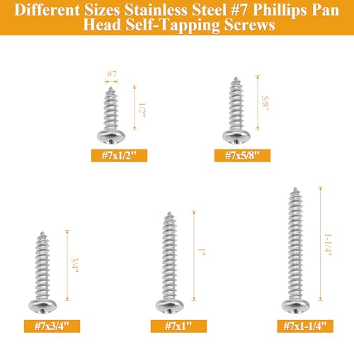 148 Pieces #7 x 1/2" 5/8" 3/4" 1" 1-1/4" Wood Screws Set, Phillips Pan Head #7 Self-Tapping Screws Assortment Kit, 304 Stainless Steel - size: #7, style: Phillips Pan Head