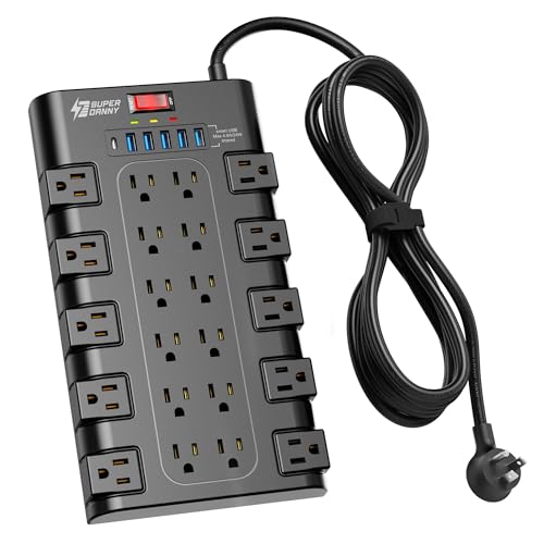 SUPERDANNY Power Strip Surge Protector, 22 AC 6 USB, 2100J, 10Ft, 1875W/15A - color: Black, size: 10 ft