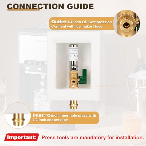 Ice Maker Outlet Box with Water Hammer Arrestor, 1/2-Inch Press x 1/4-Inch OD Compression with 1/4-Turn Ball Valve, Absorb Shock and Reduce Noise（Press tool required） - color: press/ss arrestor