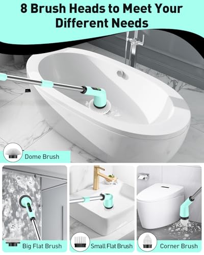 Electric Spin Scrubber for Bathroom, Shower Scrubber with Long Handle - color: Mint Green, size: 8 Brush Heads
