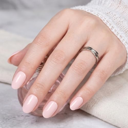 UNA GELLA 32Pcs Soft Gel Press on Nails - 16 Sizes Pastel Baby Pink Round Glue on Nails, Oval Reusable Glossy Natural Pink False Nails, Full Cover Acrylic Nail Kit for Women DIY Home Manicure