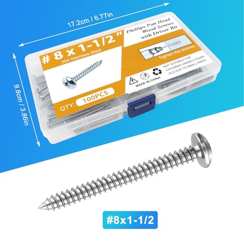 100PCS #8 x 1-1/2" Wood Screws, Pan Head Stainless Steel Sheet Metal Screws, Fast Self Tapping Screws for Deck Drywall Concrete Screws with Screwdriver Bit - style: Silver #8X1-1/2" Pan Head 100PCS