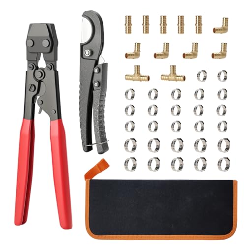 PEX Cinch Clamp Tool Kit - 3/8" to 1" Clamp Tool, Pipe Cutter, 12 Brass PEX Fittings (5 Coupling, 5 Elbow, 2 Tee), 20 * 1/2" + 10 * 3/4" Stainless Clamps
