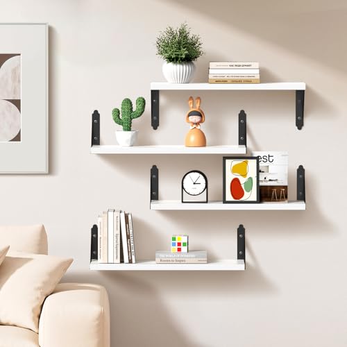 ROMGUAR CRAFT Wood Wall Floating Shelves Set of 4, 17" x 6" - Black - color: White, size: 17" x 6"