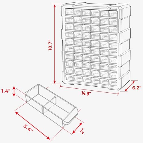 INTERTOOL Small Parts Organizer for Hardware & Screws | 60 Removable Bins with Dividers | Wall Mount or Desktop Craft & Lego Storage Cabinet | 19” x 15” x 6” BX08-4016 - style: 60 Drawers