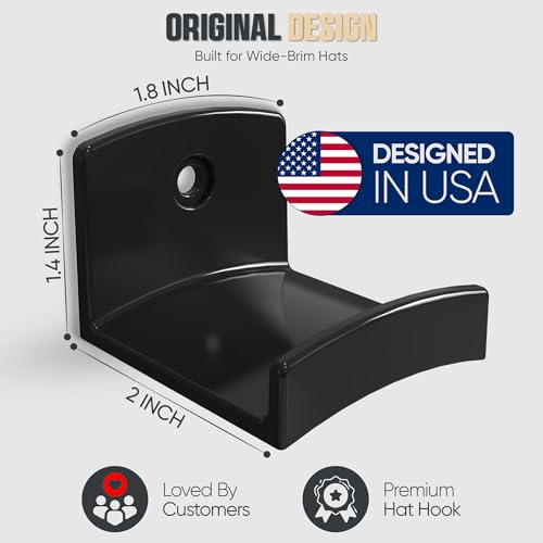 Modern JP Adhesive Hat Hooks for Wall (6-Pack) - Cowboy Hat Rack, Wide Brim Hat Organizer, Strong Hold Hat Hangers for Wall - Black - color: Black