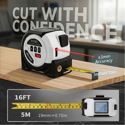 3-in-1 Digital Laser Tape Measure, Digital Display & Belt Clip