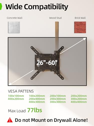 USX Mount TV Wall Mount for Most 26-60 Inch TVs up to 77 lbs, Full Motion Wall Mount TV Bracket with Swivel Tilt Single Stud Design for Corner, Max VESA 400x400mm fit Most 32 40 42 43 50 55 60 TVs