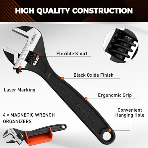 HORUSDY 4-Piece Adjustable Wrench Set With 4-Piece Magnetic Wrench Organizer Racks, 6" 8" 10" Wide Jaw Black Oxide Wrenches with Tool Roll Pouch, Metric&SAE Scales, CR-V Steel for Home Garage Workshop - style: 4PC Wide Jaw Set (6" 8" 10" 12") +4PC Magneti