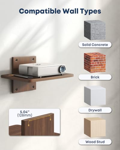 Floating TV Projector Shelf Wall Mount - 1 Tier Wooden Shelf, Walnut Brown - size: 1-Tier Shelf