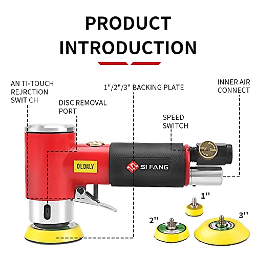 SI FANG 48Pcs 1'' 2'' 3'' Mini Air Sander Kit, High Speed Random Orbital DA Sander Polisher for Auto Body Work, Includes 1/2/3in Polishing Sponge & Wool Pads Sandpapers (Red Pneumatic Sander) - style: 1"2"3" Buffer&Sander Kit Red