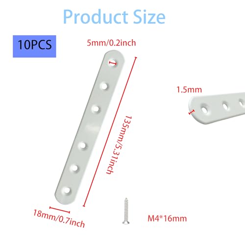 10PCS 3.7 Inch White Flat Straight Brackets Corner Fixing Joining Plate, Iron Mending Plates Repair Brace Connector for Wood Furniture Joining with Screws - size: 3.7 Inch