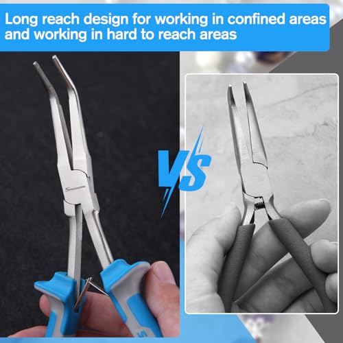 SPEEDWOX Long Reach Bent Needle Nose Pliers with Serrated Jaw Extra Long Nose Precision Wire Looping Pliers Needle Remover Pliers for Hard to Reach Narrow Spaces Jewelry Making Tools Fishing Tools - style: Curved needle nose pliers, serrated jaw