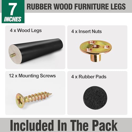 FoDau770 Rubber Wood Legs 7", Slant Taper, 5/16"-18 Thread, Black, 4pcs | Wood Couch legs - Mid Century Sofa Legs - Furniture legs Replacement for Cabinet Dresser Chair Ottoman - color: Black, size: 7 Inch - Slanted (80°)