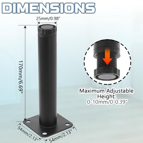 7 Inch Adjustable Steel Furniture Legs 4-Pack 1" Dia (Black) - size: 7 Inch