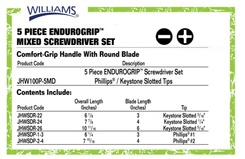 Williams 5-Piece Endurogrip Multi-Size Screwdriver Set, Keystone Slots Hex Bolster & Phillips, Comfort Grip Prevents Slippage, Extra Strength Steel Chrome Blades - style: 5 Piece Mixed