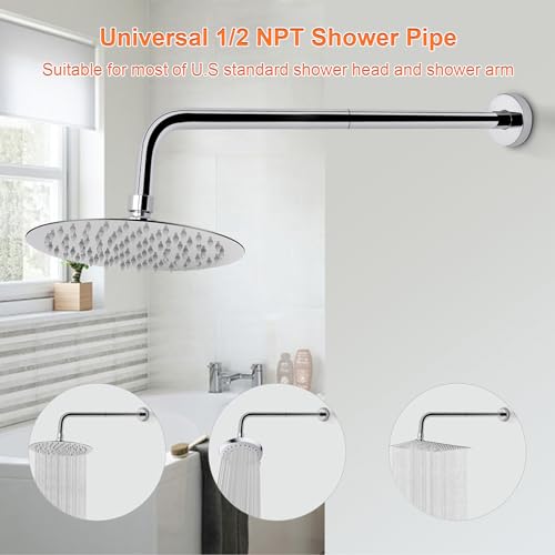 Shower Arm with Flange and Teflon Tape, Wall Mounted Shower Pipe 304 Stainless Steel Extension Arm for Fixed Shower Head & Handheld (20 Inch, Chrome) - color: Chrome, style: 20 Inch