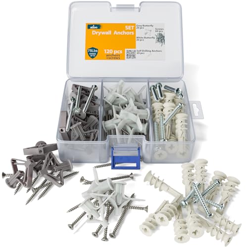 ALBO Drywall Anchor Kit with Screws - 120 Pcs Hollow Wall Set (Grey Butterfly, White Butterfly, Self Drilling, Screws) - Plastic Anchors for Drilling Hollow Walls - color: Kit 3in1