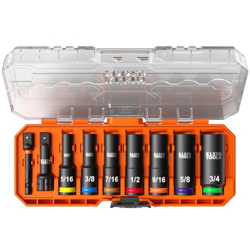 Klein Tools 65109IMPCT KNECT Deep-Well 3/8-Inch Drive Impact Socket Set, SAE, 9-Piece Tool Set with Impact Driver Adapter, Multi-Purpose Wrench Adapter, Color-Coded, MODbox Socket Organizer - style: 9-Piece SAE Set