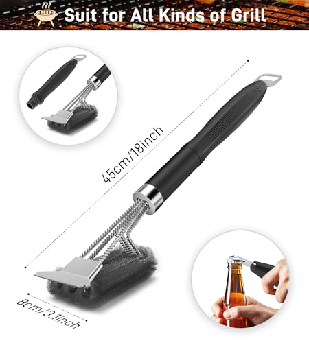Grill Brush and Scraper-18 Adjustable Handle Safe BBQ Grill Brush for Outdoor Grill-Deep BBQ Clearning Brush wih Bottle Operner Extra Strong Grill Cleaner Accessories for Gas/Charcoal Grilling Grates