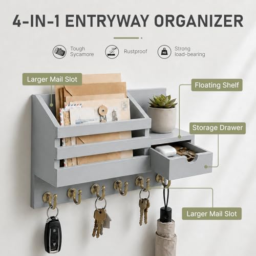 FifthQuarter Key Holder for Wall with Drawer and 6 Sturdy Hooks, A-Grey - color: A-Grey