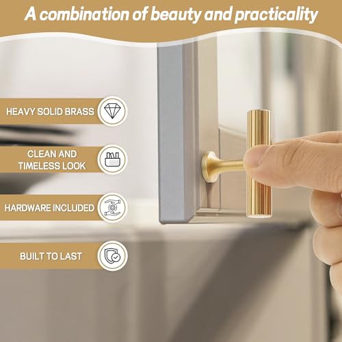 RZDEAL 4pcs Solid Brass Gold Cabinet Pulls, Single Hole T Bar Handles, 2-Inch Total Length for Kitchen Cupboard Handles Modern Drawer Pulls Bathroom Brushed Brass Finish - color: Gold, size: 2 Inch