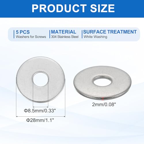 MECCANIXITY 5 Pcs M8 Stainless Steel Flat Washers Round Assortment Parts Spacers Assorted for Screws, Bolts, Plumbing, Automotive, Electrical 8.5mm ID 28mm OD 2mm Thick - size: M8, 8.5mm ID 28mm OD 2mm Thick