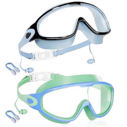 Aegend New Kids 2 Pack Wide View Swim Goggles, Anti-Fog/UV No Leak Goggles with Ear Plugs Kids 3-14 - color: Light Blue & Light Green