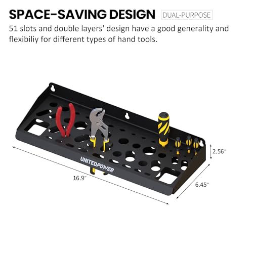 UNITEDPOWER Wall Mount Tool Storage Rack, Screwdriver Holder, Pliers Organizer, Wrench Utility Shelf, 51 Holes for Variety of Small Hand Tools, Workshop, Shed, Garage, Home - style: Hand Tools Holder