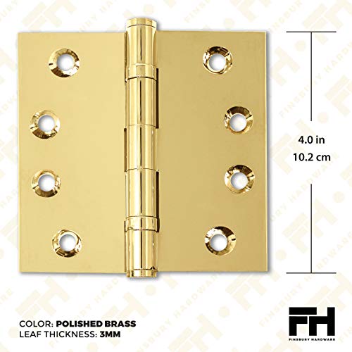 Solid Brass Door Hinge Heavy Duty Ball Bearing Polished Shiny Gold 4x4 Inch - Set of 2 Hinges (Polished Brass) - color: Polished Brass