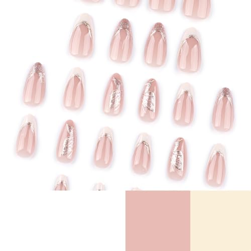 Mivota Medium Press On Nails Almond – Nude & White French Tips with Gold Foil and Glitter Accents, 24PCS Acrylic Fake Nails Kit with Glue and Tools, Elegant Glossy Stick On Nails for Women - color: 52-White Tip Gold Thread Butterfly