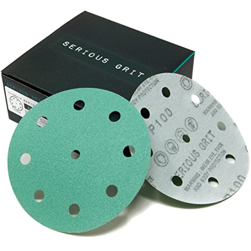 Serious Grit - 5-Inch 9-Hole P100 Grit Sanding Discs - 50 Pack Box - size: 100 Grit