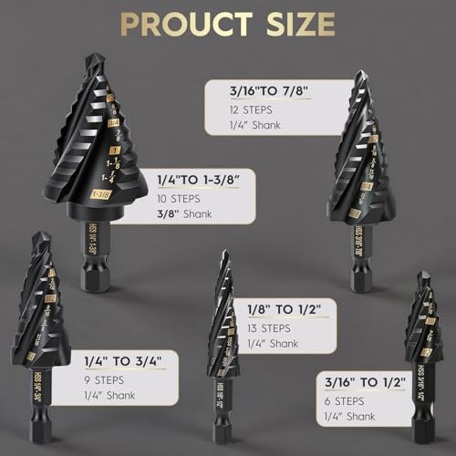5PCS Titanium Step Drill Bit - Four Spiral Flute HSS Step Bit for Metal - color: 5PCS Four Spiral