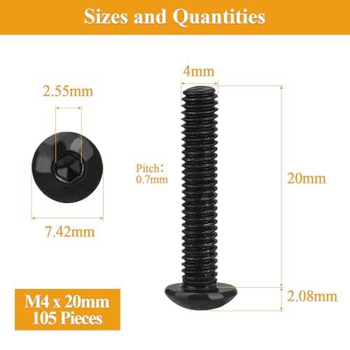 105 Pieces M4 x 20mm Button Head Socket Cap Screws, Thread Pitch 0.7mm, Sutemribor M4 Black Screws, 10.9 Grade Alloy Steel, Black Oxide Finish, Fully Threaded - size: M4 x 20mm, style: Button Head