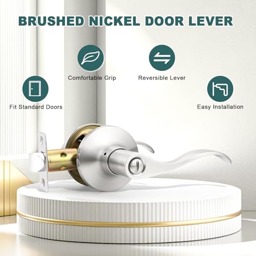 GOBEKOR 6 Pack Privacy Door Levers Interior Door Handles Brushed Nickel Lever Handles Keyless Modern Wave Levers for Bedroom and Bedroom - size: Privacy Door Lever - Keyless