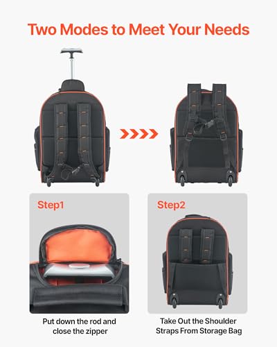 VEVOR Rolling Tool Backpack, 110 lbs Load Capacity, 72 Pockets Heavy Duty Roller Tool Bag on Wheels, Adjustable Telescoping Handle & Stable Base, Toolbag Organizers for Construction, Mechanic - size: 72 Pockets + Rolling