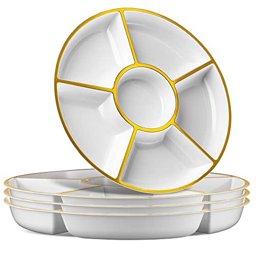 Plasticpro 6 Sectional Round Plastic Serving Tray/Platter (2, White & Gold) - color: White & Gold