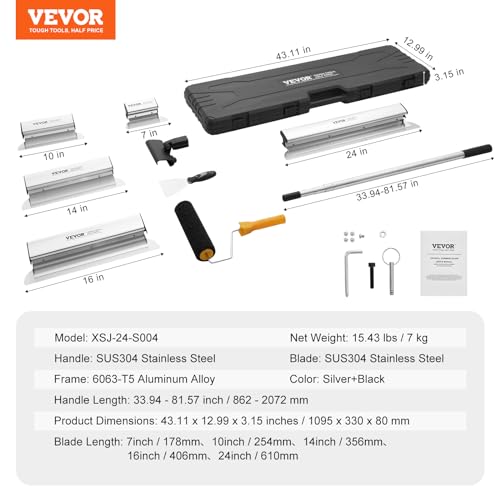 VEVOR Drywall Skimming Blade Set, 7/10/14/16/24 in Skimming Blades + 34-81.6 in Extension Handle Pole, Stainless Steel Knife Professional Skim Coat Tools, for Gyprock/WallBoard/Plasterboard - size: 7"+10"+14"+16"+24", style: With Extension Handle