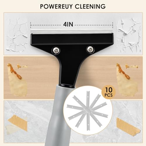 Heavy-Duty Floor Scraper, 4-Inch Razor Blade Scraper Tool, 51-Inch Long Handle, Includes 10 Extra Metal Blades, Paint Scraper for Cleaning Wall, Glass, Adhesives, Chewing Gum, Ceiling - size: 51in