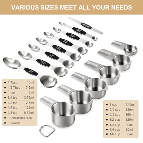 Stainless Steel Measuring Cups & Spoons Set, EWFEN Kitchen Tools Nesting Measuring Cups and Spoons, Fits in Spice Jars for Baking & Cooking, BPA Free, Set of 15 with Leveler, Black - color: Black Spoons