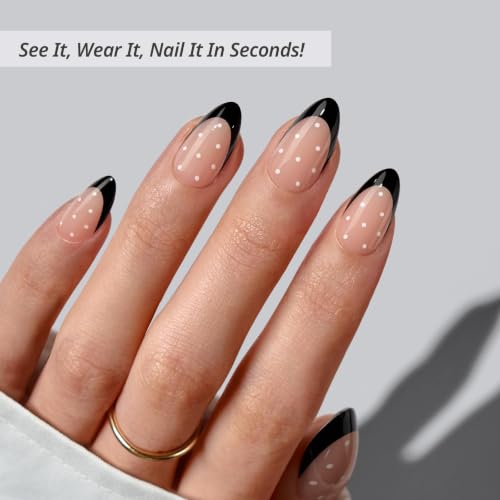 BTArtbox Press On Nails, Dot Couture, Short Almond, Black French Tips, 32Ct - color: A1-Dot Couture