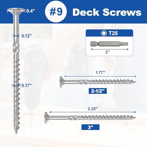 #9 x 2-1/2" Deck Screws, 500 Pcs Star Drive Wood Screws - color: Silver, size: 2-1/2 Inch