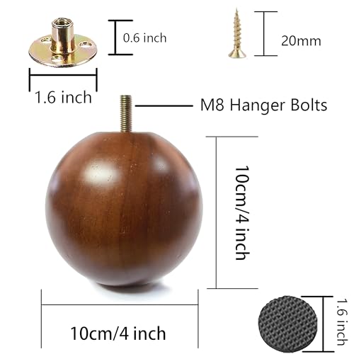 Solid Wood Sofa Replacment Parts 4 Inch Round Ball Shape Furniture Legs for Sofa Couch Ottoman Loveseat Cabinet Legs Furniture Feet Set of 4 (Walnut) - color: Walnut