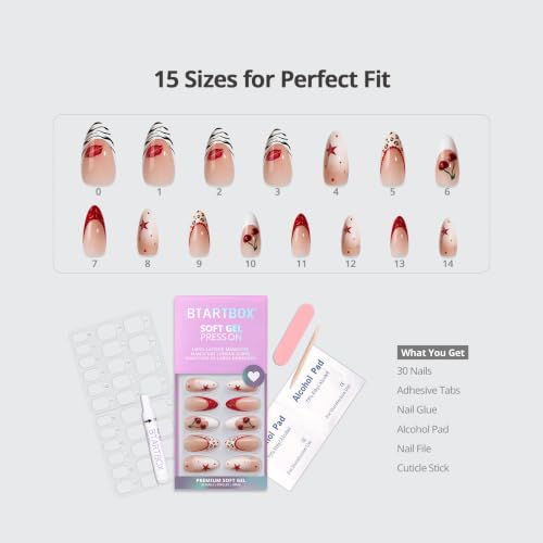 BTArtbox Press On Nails, Pinky Swear, Medium Almond, Red French Tip, 30Ct - color: B-Pinky Swear